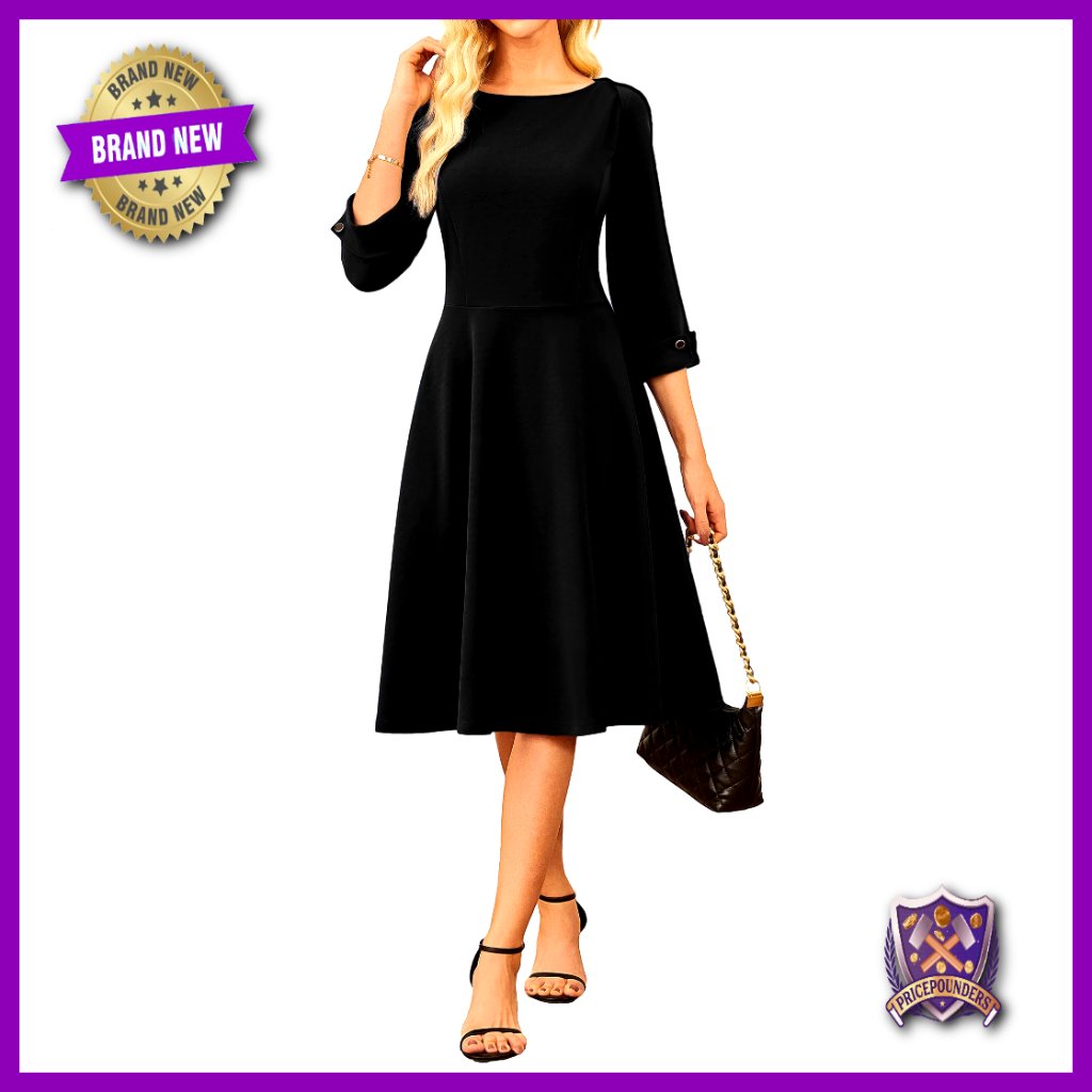 3/4 Sleeve Fit And Flare Midi Dress With Pockets Business Office Wear
